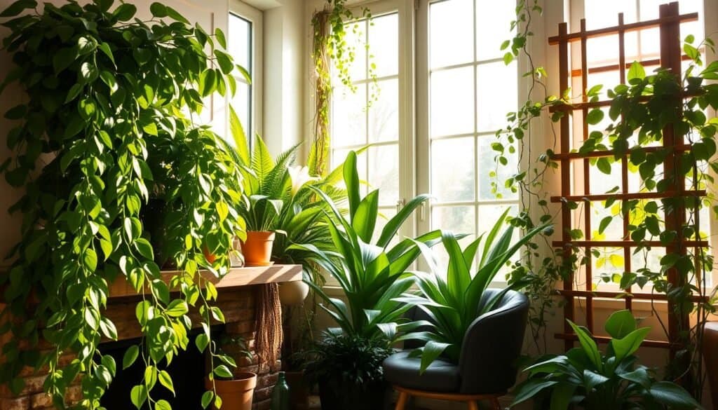 A cozy corner of a sun-dappled living room, filled with a lush assortment of thriving indoor plants. Verdant, cascading pothos vines spill over the edge of a rustic wooden shelf, complemented by the soft, feathery fronds of a graceful fern. Delicate peace lilies stand tall, their pristine white blooms contrasting with the deep green leaves. Trailing tendrils of a climbing philodendron wind their way up a natural wood trellis, casting gentle shadows across the scene. The warm, ambient light filtering through large windows bathes the space in a gentle, golden glow, creating a serene and rejuvenating atmosphere. This sanctuary of greenery breathes life and tranquility into the heart of the home. A cozy corner of a sun-dappled living room, filled with a lush assortment of thriving indoor plants. Verdant, cascading pothos vines spill over the edge of a rustic wooden shelf, complemented by the soft, feathery fronds of a graceful fern. Delicate peace lilies stand tall, their pristine white blooms contrasting with the deep green leaves. Trailing tendrils of a climbing philodendron wind their way up a natural wood trellis, casting gentle shadows across the scene. The warm, ambient light filtering through large windows bathes the space in a gentle, golden glow, creating a serene and rejuvenating atmosphere. This sanctuary of greenery breathes life and tranquility into the heart of the home.
