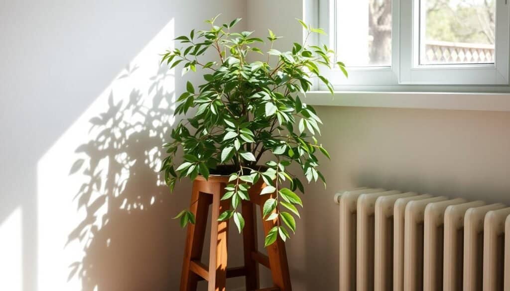 A cozy corner of a sun-drenched room, a wooden stand nestled beside a thriving potted plant. The stand's rustic finish complements the plant's verdant leaves, creating a harmonious and inviting display. Soft, natural light filters through the nearby window, casting gentle shadows that accentuate the textures of the wood and the plant's intricate foliage. The overall scene evokes a sense of tranquility and subtle elegance, transforming this overlooked corner into a charming focal point.