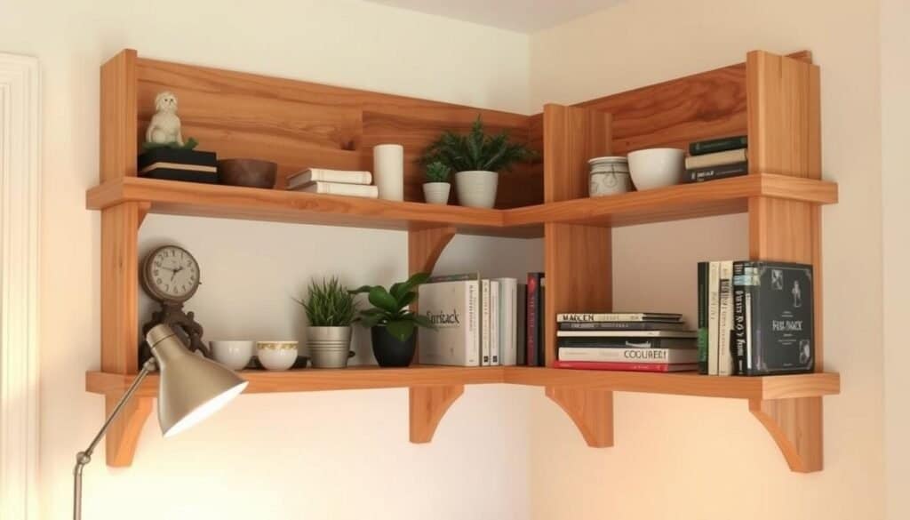 A cozy corner of natural wood shelves, handcrafted by The Sawdust Man. Warm lighting from a floor lamp casts a soft glow, highlighting the rich grain and texture of the solid maple. Neatly arranged trinkets, plants, and a few cookbooks create a charming, functional display. The shelves are mounted at an angle, maximizing the use of the tight corner space. A classic rustic-modern design that fits seamlessly into a welcoming kitchen interior.