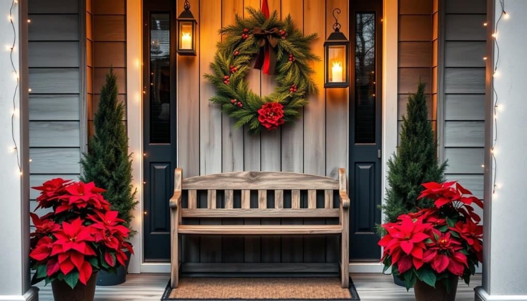 A cozy entryway adorned with seasonal charm. A rustic wooden bench sits beneath a wreath of fresh pine and holly, complemented by a pair of tall, flickering lanterns casting a warm glow. Potted poinsettias flank the doorway, their vibrant red blooms contrasting with the weathered gray planks of the entryway. Subtle string lights outline the doorframe, adding a touch of whimsy. The scene is bathed in soft, diffused lighting, creating an inviting and festive atmosphere.