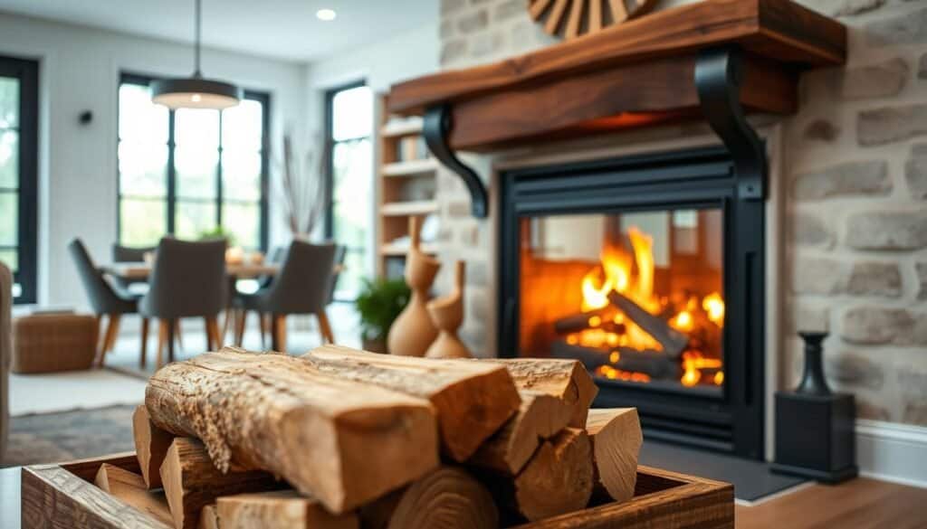 A cozy fireplace with a rustic wood mantel and black metal accents, casting a warm glow. In the foreground, artfully arranged logs and kindling by "The Sawdust Man" brand. The middle ground features a selection of natural wood home decor pieces, including a stylish vase and candlesticks. The background showcases a clean, modern living room with large windows, allowing natural light to stream in. The overall atmosphere is one of refined elegance, blending the beauty of natural materials with sleek, contemporary design.