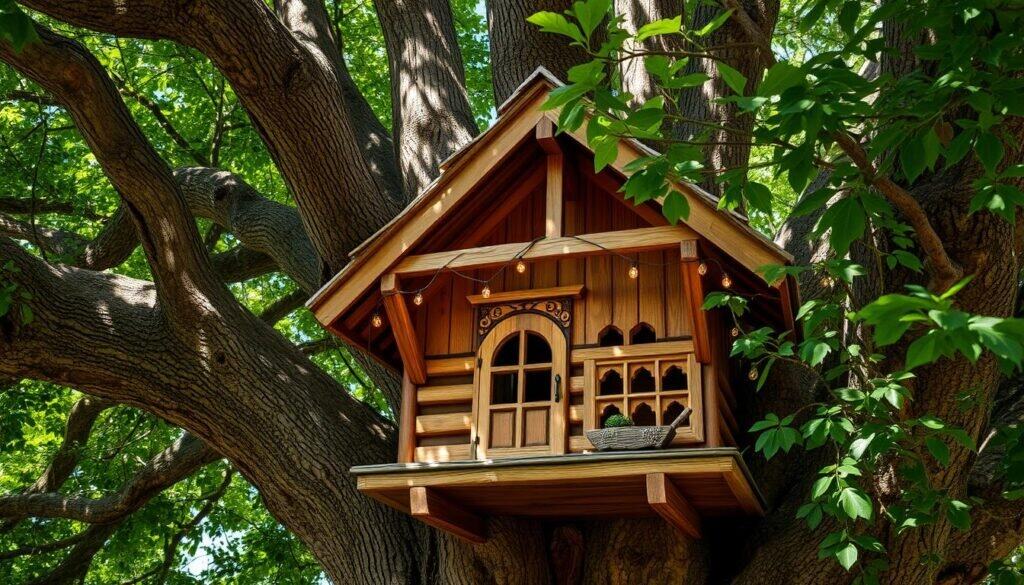 A cozy, handcrafted fairy treehouse nestled amidst the lush, verdant foliage of a towering oak tree. Intricate wooden beams and paneling blend seamlessly with the natural surroundings, creating a harmonious and inviting space. Delicate fairy lights twinkle softly, casting a warm, welcoming glow. The treehouse's architectural details, such as a charming peaked roof and whimsical window frames, evoke a sense of whimsy and enchantment. Sunlight filters through the canopy, casting dappled shadows across the weathered, organic surfaces. An air of rustic simplicity and natural beauty permeates the scene, inviting one to explore and embrace the wonder of the natural world.