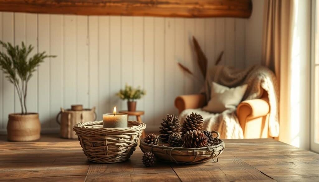 A cozy, handcrafted living room scene, bathed in soft, warm lighting. In the foreground, a rustic wooden table holds an arrangement of natural elements: a woven basket, a cluster of pinecones, and a single candle flickering gently. In the middle ground, a plush, earthy-toned armchair and a knitted throw blanket invite relaxation. The background features a whitewashed wooden wall, adding a sense of tranquility and simplicity. Overhead, a wooden beam casts gentle shadows, creating a serene, inviting atmosphere. The overall composition evokes a sense of peace, mindfulness, and the healing power of handmade décor in our busy lives.