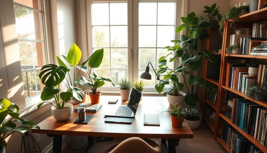 A cozy home office nook, bathed in warm, natural light streaming through large windows. A wooden desk topped with a sleek laptop and various productivity tools, surrounded by lush, verdant potted plants - a monstera, a peace lily, and a succulent-filled terrarium. Bookshelves line the walls, their shelves adorned with more thriving greenery, creating a harmonious, serene atmosphere. The overall aesthetic is minimalist yet inviting, with the plants adding a touch of organic vitality to the space. A wide-angle lens captures the scene, showcasing the perfect balance of functionality and biophilic design. A cozy home office nook, bathed in warm, natural light streaming through large windows. A wooden desk topped with a sleek laptop and various productivity tools, surrounded by lush, verdant potted plants - a monstera, a peace lily, and a succulent-filled terrarium. Bookshelves line the walls, their shelves adorned with more thriving greenery, creating a harmonious, serene atmosphere. The overall aesthetic is minimalist yet inviting, with the plants adding a touch of organic vitality to the space. A wide-angle lens captures the scene, showcasing the perfect balance of functionality and biophilic design.