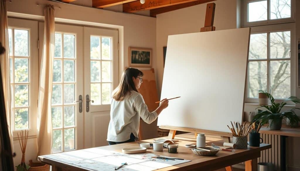 A cozy home studio filled with natural light, a large wall canvas standing on an easel, brushes and paint pots scattered across a wooden worktable. A person, face softly illuminated, intently focused on the act of creation, brushstrokes flowing with purpose and passion. The room exudes a sense of therapeutic calm and mindfulness, as if the very act of painting on the wall can soothe the soul and alleviate feelings of isolation. Warm, earthy tones create an inviting atmosphere, a sanctuary where self-expression can flourish.