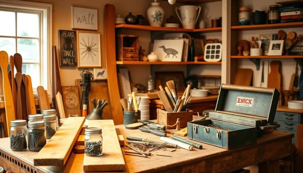 A cozy home workshop filled with an assortment of DIY tools and materials. Wooden planks, jars of nails and screws, paint brushes, and a vintage toolbox sit on a sturdy workbench. Warm, ambient lighting casts a soft glow, creating an inviting atmosphere. In the background, shelves display various finished home decor projects like rustic wall art, floating shelves, and repurposed furniture pieces. The scene exudes a sense of creativity, practicality, and budget-friendly ingenuity.