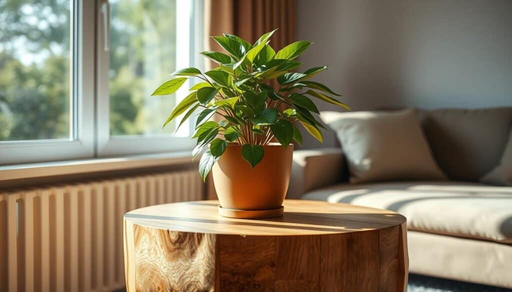 A cozy interior scene with a large, lush potted plant placed on a warm-toned, natural wood accent table. Soft, directional lighting illuminates the plant's vibrant foliage and the rich wood grain texture. The table is situated in front of a large window, allowing natural daylight to filter in and create a serene, inviting atmosphere. The overall composition emphasizes the harmonious pairing of organic plant life and the rustic, earthy wood elements, evoking a sense of relaxation and connection with nature within an indoor setting.