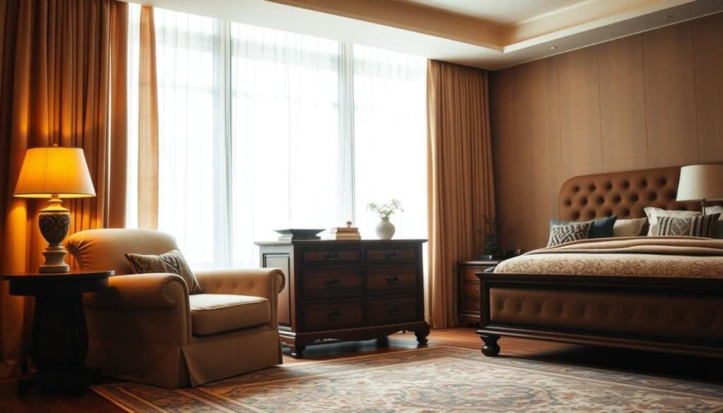 A cozy, inviting bedroom retreat with a plush, oversized armchair positioned beside a large, floor-to-ceiling window. Warm, diffused light filters through sheer curtains, casting a soft glow over the space. A classic wooden dresser with intricate detailing stands in the middle ground, complemented by a handcrafted wooden side table. The scene is completed by a luxurious, tufted headboard in a rich, earthy color palette, and a cozy area rug that ties the room together. The overall atmosphere evokes a sense of comfort, relaxation, and a retreat from the outside world.