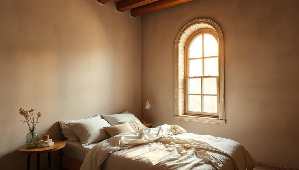 A cozy, inviting bedroom with gentle, textured wall treatments that create a calming and serene atmosphere. The walls feature a subtle, organic pattern with a soft, earthy color palette, gently reflecting the warm light from a large window. The textures appear natural and tactile, such as lightly brushed plaster or handcrafted wallpaper, adding depth and visual interest to the space. The overall mood is one of tranquility and comfort, encouraging a relaxed, restorative environment.
