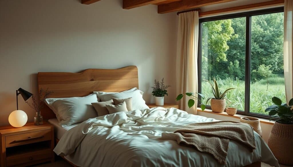 A cozy, inviting bedroom with natural elements. A wooden headboard and nightstands, linen bedding in soft, neutral tones. Potted plants and a woven basket add organic textures. Soft, diffused lighting creates a calming ambiance. The overall atmosphere is soothing and relaxing, evoking a sense of tranquility. A large window overlooking a lush, green landscape completes the serene, nature-inspired scene.