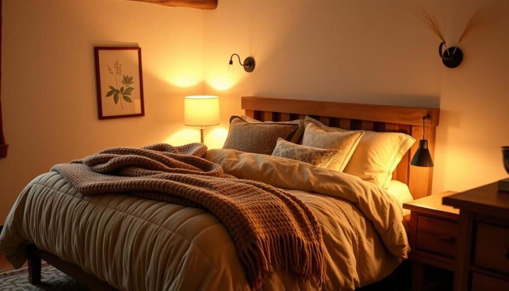A cozy, inviting bedroom with plush, textured bedding and soft, warm lighting. Layers of luxurious velvet, chunky knit throws, and patterned pillows create a comforting, nest-like ambiance. Wooden furniture, such as a rustic nightstand and dresser, add natural elements for a cohesive, harmonious design. Gentle, diffused lighting from a floor lamp and sconces casts a golden glow, enhancing the relaxing, intimate mood. The scene evokes a sense of comfort and tranquility, perfect for unwinding after a long day.
