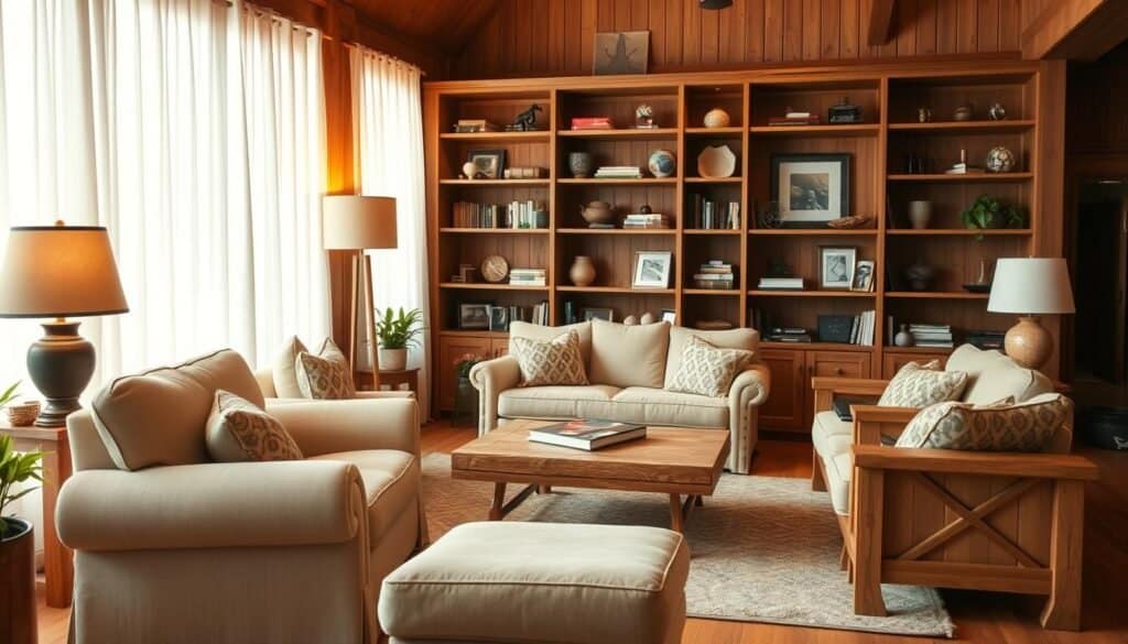A cozy, inviting living room with warm, natural wood furnishings. A plush, oversized armchair takes center stage, its soft upholstery beckoning you to sink in and relax. Surrounding it, a loveseat and side table create an intimate conversation area, accented by a large, wooden coffee table. In the background, a wooden bookshelf stands tall, its shelves displaying an assortment of decorative objects and carefully curated books. Soft, ambient lighting filters through sheer curtains, casting a gentle glow throughout the space. The overall atmosphere is one of comfort, relaxation, and a touch of rustic elegance.