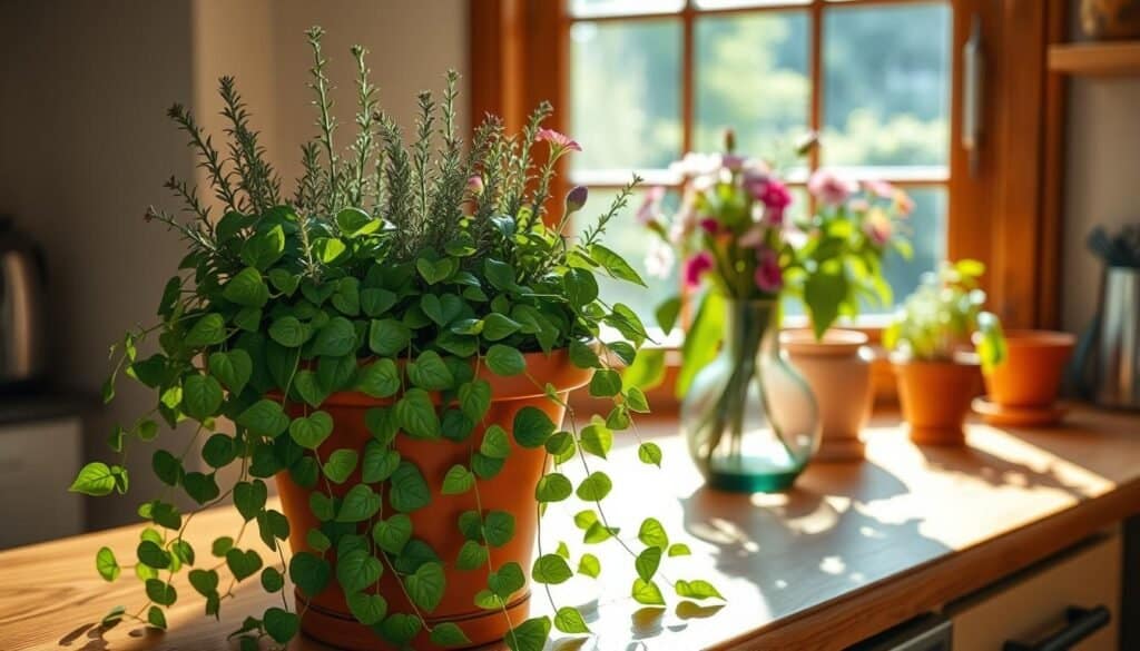 A cozy kitchen counter, bathed in warm afternoon light, showcases an artful arrangement of lush, verdant plants. In the foreground, a terracotta pot overflows with cascading vines of trailing ivy, its leaves casting delicate shadows. Behind it, a cluster of potted herbs - fragrant rosemary, thyme, and basil - stand tall, their vibrant green hues complementing the wooden surfaces. In the middle ground, a vintage glass vase holds a bouquet of fresh-cut wildflowers, adding pops of color and a touch of whimsy. The scene is framed by a large window, offering a glimpse of a tranquil outdoor garden, blurring the boundaries between indoors and out. This cozy, natural tableau evokes a sense of serenity and a connection to the earth, bringing life and vitality to the heart of the home. A cozy kitchen counter, bathed in warm afternoon light, showcases an artful arrangement of lush, verdant plants. In the foreground, a terracotta pot overflows with cascading vines of trailing ivy, its leaves casting delicate shadows. Behind it, a cluster of potted herbs - fragrant rosemary, thyme, and basil - stand tall, their vibrant green hues complementing the wooden surfaces. In the middle ground, a vintage glass vase holds a bouquet of fresh-cut wildflowers, adding pops of color and a touch of whimsy. The scene is framed by a large window, offering a glimpse of a tranquil outdoor garden, blurring the boundaries between indoors and out. This cozy, natural tableau evokes a sense of serenity and a connection to the earth, bringing life and vitality to the heart of the home.