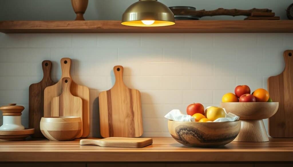 A cozy kitchen counter with a collection of natural wood accents. Warm maple cutting boards, a sturdy oak bread box, and a rustic pine fruit bowl are artfully arranged on a butcher block surface. Soft, ambient lighting from a pendant fixture casts a golden glow, highlighting the wood's rich grain and tones. The scene exudes a sense of simplicity and craftsmanship, inviting the viewer to imagine preparing a homemade meal in this welcoming, organic space.