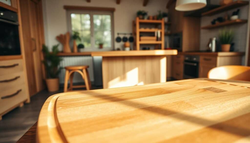 A cozy kitchen filled with warm wood accents. The foreground features a beautifully crafted wooden cutting board, its grain patterns catching the soft natural light. In the middle ground, a wooden spice rack stands proudly, its shelves displaying an array of earthy spices. The background showcases a wooden kitchen island, its smooth surface complemented by a pair of minimalist wooden stools. The overall atmosphere is one of rustic elegance, with the natural textures and tones creating a soothing, inviting ambiance. The image is captured with a wide-angle lens, allowing the viewer to fully appreciate the harmonious blend of wood elements within the kitchen space.