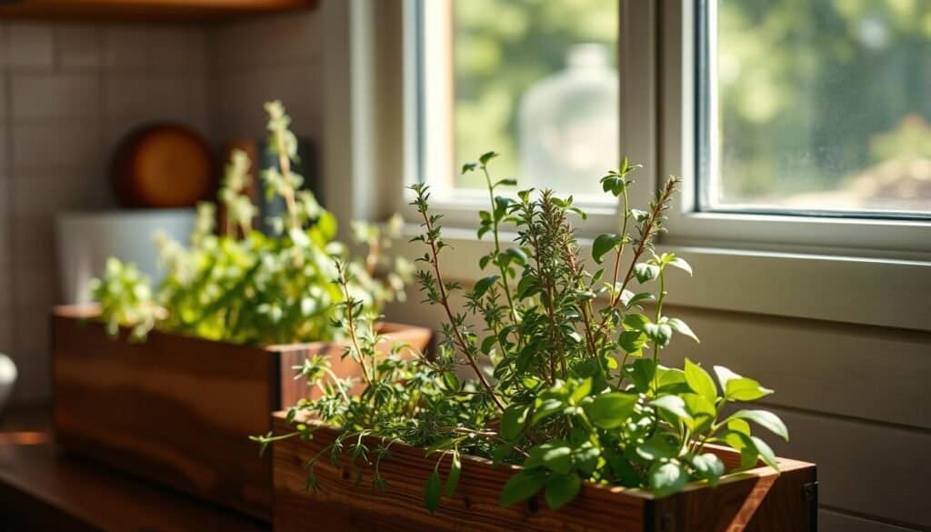 A cozy kitchen herb garden nestled in wooden planters, with dappled sunlight filtering through a nearby window. The rustic, natural textures of the wood containers complement the vibrant greens of the thriving plants. The scene is bathed in a warm, inviting glow, creating a serene and harmonious atmosphere. A carefully curated arrangement of herbs, such as rosemary, thyme, and basil, add pops of color and a hint of fragrance to the space. The composition is balanced and visually appealing, capturing the beauty and functionality of incorporating natural elements into a home setting.