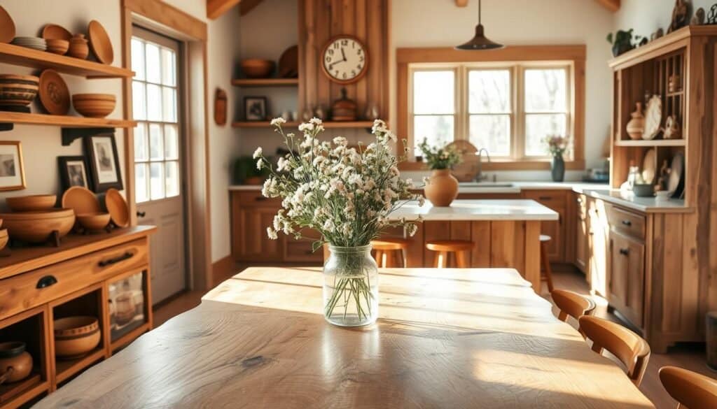 A cozy kitchen interior with spring-inspired wood decor. In the foreground, a rustic wooden table with a natural live-edge finish, adorned with a vase of fresh wildflowers. On the walls, shelves displaying handcrafted wooden bowls, picture frames, and a wooden clock from "The Sawdust Man" brand. Sunlight filters through the windows, casting a warm, inviting glow on the space. The middle ground features a wooden kitchen island with a marble countertop, complemented by wooden bar stools. In the background, a wooden hutch or sideboard showcases more decorative wood pieces, creating a harmonious, nature-inspired atmosphere. The overall scene exudes a sense of organic elegance and seasonal freshness.