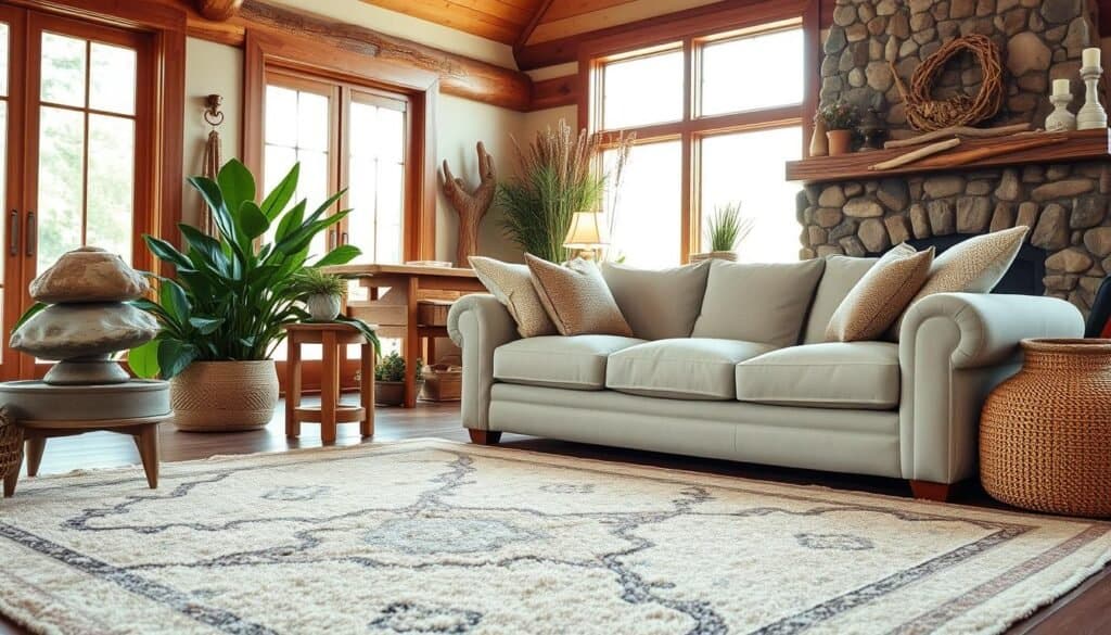 A cozy living room filled with natural elements, bathed in warm, soft lighting. In the foreground, a large, plush area rug with earthy tones and organic patterns anchors the space. Lush, verdant potted plants and a wooden side table with a large river stone sculpture create a tranquil, nature-inspired vignette. The middle ground features a comfortable, overstuffed linen sofa accented by textured throw pillows in muted hues. Large windows allow ample natural light to filter in, illuminating the space. In the background, a stone fireplace with a mantel adorned with dried florals and driftwood pieces radiates a cozy, cabin-like ambiance. Overall, the scene evokes a sense of calm and relaxation, blending the indoors with the beauty of the natural world.