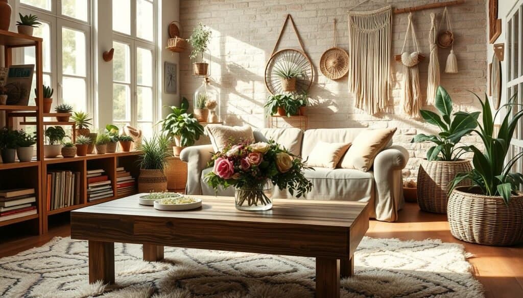 A cozy living room filled with natural elements, soft lighting, and lush plant arrangements. In the foreground, a wooden coffee table with a beautiful floral centerpiece sits on a plush area rug. Bookshelves line the walls, adorned with potted succulents and terrariums. Sunlight streams through large windows, casting a warm glow on the scene. In the middle ground, a comfortable linen sofa is paired with a woven basket filled with fresh greenery. The background features a rustic, textured wall with hanging macrame and a mix of natural materials like wicker and stone. The overall atmosphere is calming, earthy, and inviting, perfectly capturing the essence of natural elements in home decor.