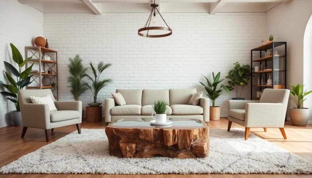 A cozy living room with a blend of rustic and modern elements. In the foreground, a chunky wooden coffee table with a sleek, glass top stands on a plush, neutral-toned area rug. Mid-ground, a low-profile sofa upholstered in a textured, neutral fabric is flanked by a pair of modern, angular armchairs. Overhead, a statement pendant light with a rustic, industrial-inspired design casts a warm glow. The background features whitewashed brick walls, providing a textural contrast to the smooth, drywall surfaces. Potted plants and a combination of natural wood shelving and metal accents complete the balanced, harmonious aesthetic.