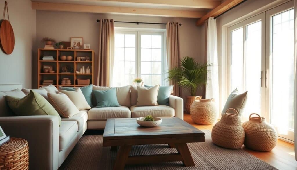 A cozy living room with a calming color palette, bathed in warm, natural lighting. In the foreground, a plush, neutral-toned sofa invites relaxation, accented by pillows in soothing shades of sage green and dusty blue. The middle ground features a wooden coffee table, its rustic charm complementing the earthy tones. In the background, large windows let in soft, diffused light, casting a serene ambiance throughout the space. Subtle textures, like woven baskets and a textured area rug, add depth and visual interest. The overall atmosphere evokes a sense of tranquility and comfort, creating a retreat from the stresses of the day.
