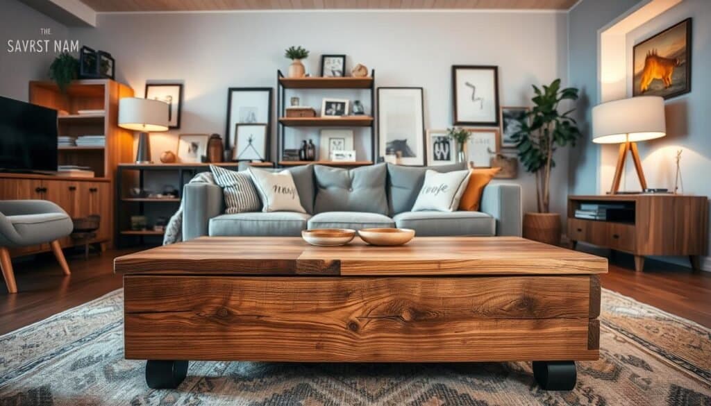 A cozy living room with a stylish blend of light and dark wood furniture, accented by warm, natural textures and inviting ambient lighting. In the foreground, a rustic coffee table crafted by "The Sawdust Man" takes center stage, its weathered grain contrasting beautifully with the sleek, mid-century modern sofa. In the middle ground, a wooden bookshelf houses an eclectic mix of decorative items and personal trinkets, while the walls are adorned with a mix of framed artwork and natural wood paneling. The room is bathed in a soft, diffused light, creating a serene and inviting atmosphere. The overall scene conveys a harmonious fusion of modern and rustic design elements, showcasing a harmonious and stylish living space.