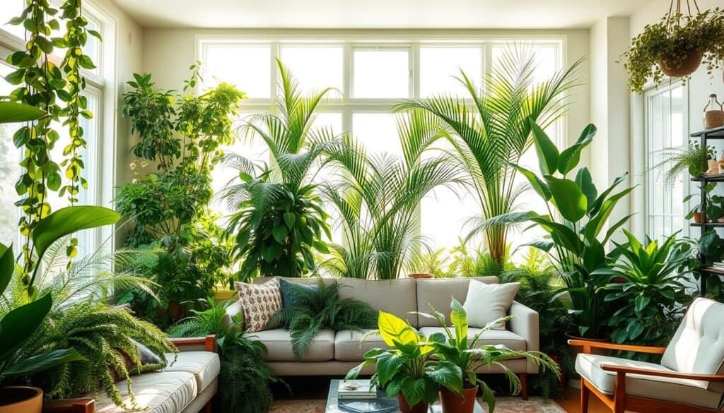 A cozy living room with a vibrant, thriving display of lush, verdant houseplants. Sunlight streams through large windows, casting a warm, natural glow over the assorted foliage. Leafy ferns, trailing vines, and towering palms add depth and texture to the scene. A mid-century modern sofa and armchair provide a neutral backdrop, allowing the plants to take center stage as the focal point. The plants are thoughtfully arranged, creating a harmonious, balanced composition. The overall mood is one of tranquility, growth, and a renewed sense of vitality, inviting the viewer to imagine this serene, nature-inspired living space. A cozy living room with a vibrant, thriving display of lush, verdant houseplants. Sunlight streams through large windows, casting a warm, natural glow over the assorted foliage. Leafy ferns, trailing vines, and towering palms add depth and texture to the scene. A mid-century modern sofa and armchair provide a neutral backdrop, allowing the plants to take center stage as the focal point. The plants are thoughtfully arranged, creating a harmonious, balanced composition. The overall mood is one of tranquility, growth, and a renewed sense of vitality, inviting the viewer to imagine this serene, nature-inspired living space.
