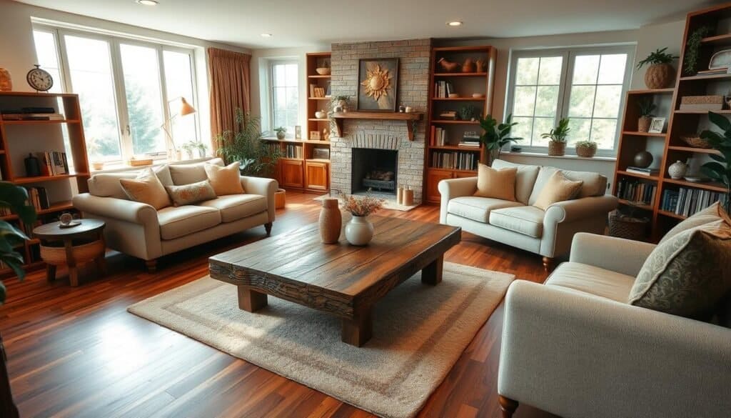 A cozy living room with a warm, natural ambiance. The centerpiece is a rustic wood coffee table, surrounded by plush neutral-toned sofas and armchairs. Bookshelves line the walls, accented with decorative wood trinkets and potted plants. Soft lighting filters in through large windows, casting a gentle glow on the space. The flooring is made of rich, hardwood planks, complementing the wooden accents throughout. An inviting, serene atmosphere that promotes relaxation and mindfulness.