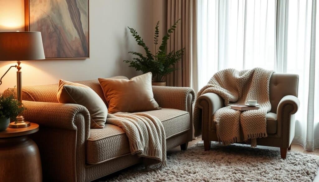 A cozy living room with layers of soft, inviting textures. Plush velvet cushions in muted earth tones adorn a nubby boucle sofa, its warmth enhanced by the gentle glow of a table lamp. Nearby, a tufted armchair is draped with a chunky knit throw, its tactile surface inviting touch. Underfoot, a shaggy rug in a muted palette anchors the space, its plush fibers seeming to cushion each step. Filtered daylight filters in through linen curtains, casting a soft, diffused illumination that envelops the scene in a sense of comfort and relaxation. The overall atmosphere is one of welcoming coziness, a soothing oasis to unwind after a long day.