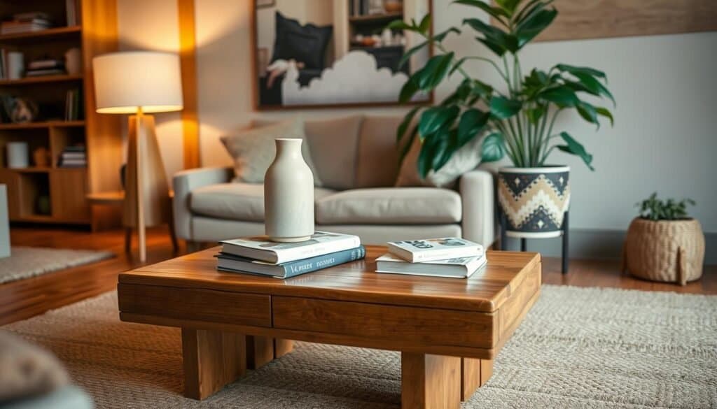 A cozy living room with natural wood accents and a mix of textures. Soft ambient lighting from a pair of mid-century modern table lamps illuminates a sturdy wooden coffee table, its surface adorned with a simple ceramic vase and a stack of secondhand books. In the background, a plush woven area rug grounds the space, while a large houseplant in a decorative ceramic pot adds a lively touch of greenery. The overall atmosphere is warm, inviting, and thoughtfully curated on a budget.