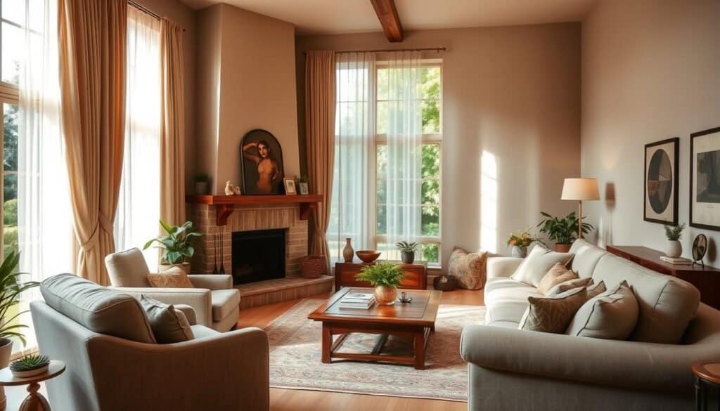 A cozy living room with warm, diffused lighting filtering through sheer curtains, casting a soothing glow. Plush, overstuffed armchairs and a deep, comfortable sofa invite relaxation, surrounded by natural wood accents and decorative plants that bring the outdoors in. The focal point is a large, stately fireplace with a mantel adorned with personal mementos, creating a sense of homeliness. The room's neutral color palette and soft textures evoke a serene, contemplative atmosphere, perfect for unwinding after a long day. Through the window, a glimpse of a lush, verdant garden adds to the tranquil ambiance.