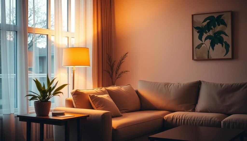 A cozy living room with warm, strategic lighting that casts a soft, inviting glow. The space features a plush, oversized sofa bathed in the golden light of a floor lamp beside it. Nearby, a wooden side table holds a table lamp, its illumination gently cascading across the room. Ambient light filters in through large windows, creating a serene, calming atmosphere. Tasteful decor, such as a potted plant and a piece of abstract wall art, complement the refined, welcoming ambiance. The scene exudes a sense of tranquility and comfort, perfect for unwinding after a long day.