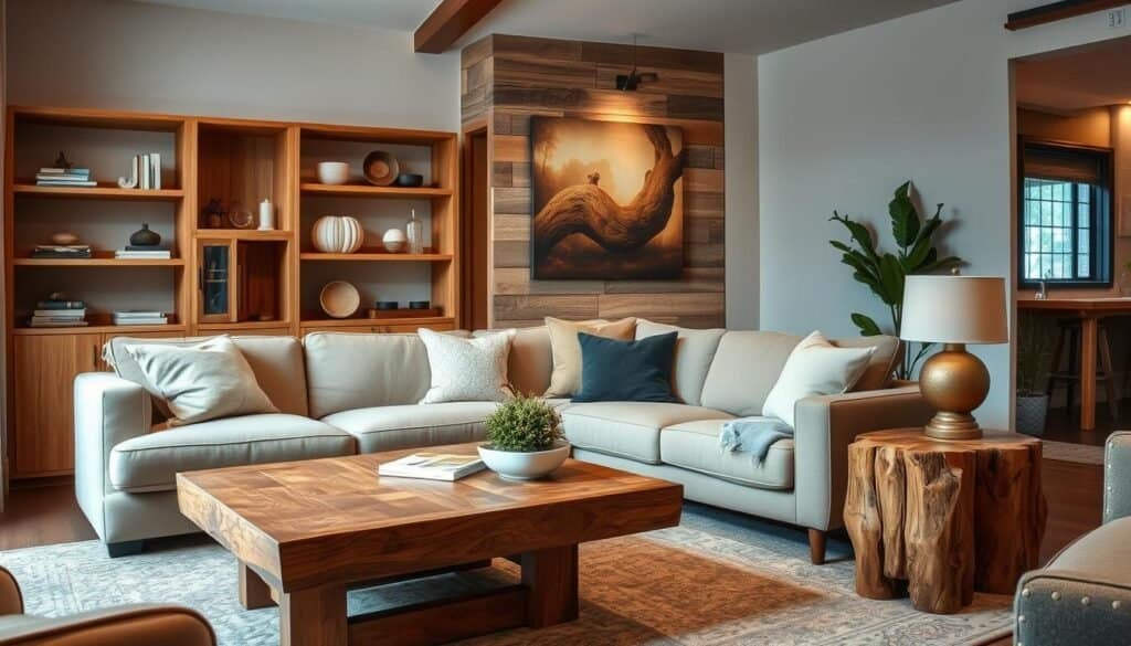 A cozy living room with warm wood accents, showcasing a rustic wooden coffee table, shelving units with natural wooden frames, and a beautifully grained wooden side table. The lighting is soft and ambient, creating a inviting atmosphere. The wooden elements are complemented by neutral-toned furnishings, allowing the natural textures to take center stage. The scene is captured with a wide-angle lens, highlighting the harmonious blend of modern and traditional design. This budget-friendly look seamlessly integrates the beauty of wood into a stylish and welcoming living space.