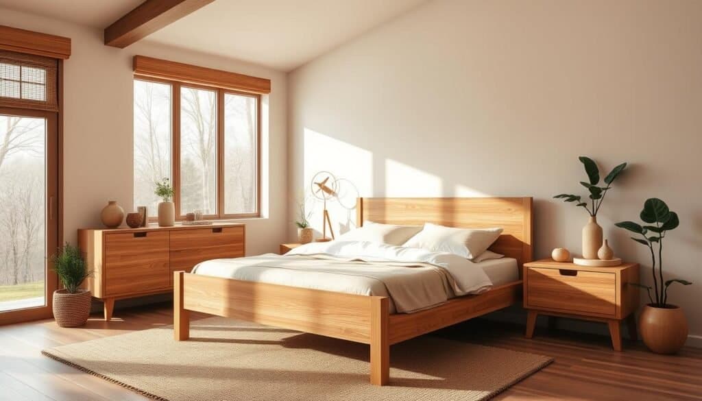 A cozy, modern bedroom with warm wood accents. The room features a king-sized bed with a sleek, minimalist wood frame, complemented by a pair of nightstands with clean-lined wood tops. In the corner, a wooden dresser adds storage and visual interest. Soft lighting casts a gentle glow, accentuating the natural grain and texture of the wood elements. The walls are painted in a soothing neutral tone, allowing the wood to take center stage. Large windows offer ample natural light, creating a bright and airy atmosphere. Potted plants and subtle décor pieces complete the serene, nature-inspired ambiance.