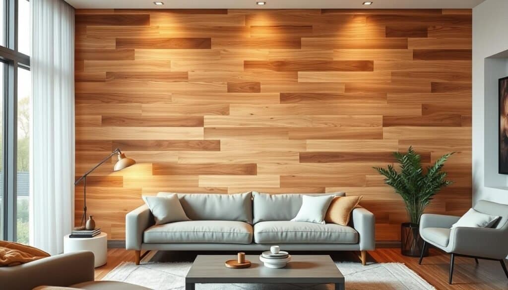 A cozy, modern living room with a warm, textured wood accent wall that draws the eye and creates a comforting, inviting atmosphere. The wall features a mix of natural wood grains, with varying tones and patterns that add depth and character. Soft, indirect lighting casts a gentle glow, highlighting the organic beauty of the wood. The wall is the focal point, complemented by neutral furnishings and minimal decor, creating a serene, harmonious space that welcomes you to unwind after a long day.