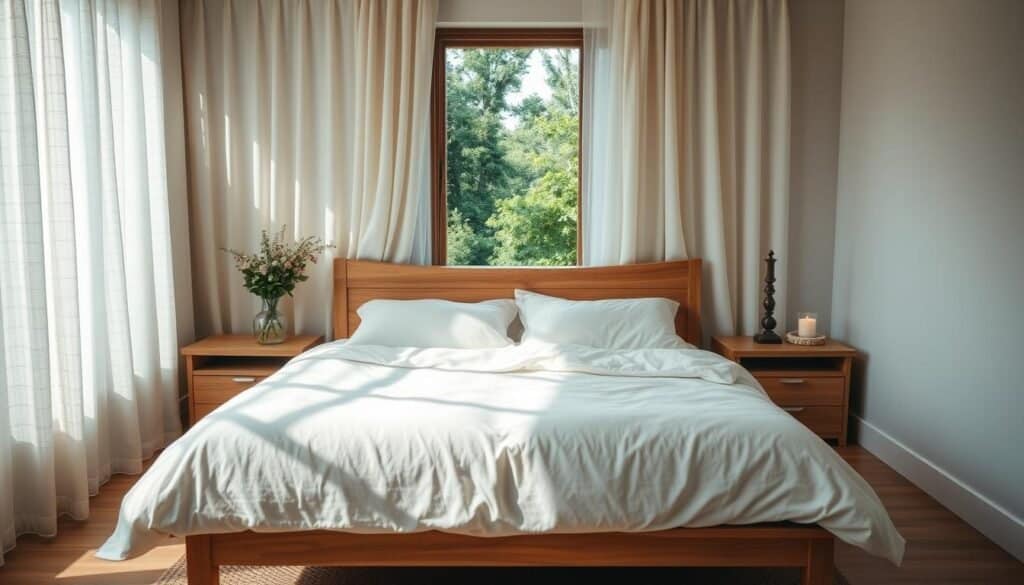 A cozy natural bedroom with warm lighting and soothing textures. A large wooden bedframe with plush bedding, soft linen curtains framing an open window overlooking a lush garden. Gentle rays of sunlight filter through sheer fabric, casting a tranquil glow. Wooden nightstands hold simple décor - a vase of fresh flowers, a small potted plant, and a tealight candle. Smooth wood floors are covered by a woven natural fiber rug. The overall atmosphere is calming, inviting, and restful.