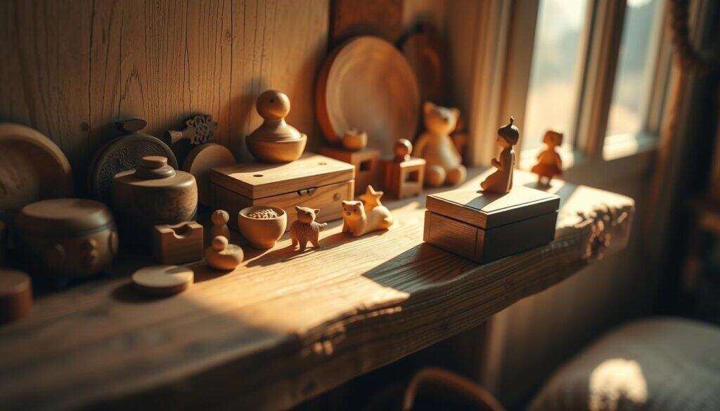 A cozy nook filled with an artful arrangement of small wooden accessories, bathed in warm, golden light filtering through a nearby window. Delicate wooden trinkets, carved trinket boxes, and intricate wooden figurines sit atop a rustic wooden shelf, casting soft shadows on the textured surface. The wood's natural grain and tones complement the neutral color palette, creating a harmonious, serene atmosphere. A sense of craftsmanship and attention to detail permeates the scene, inviting the viewer to appreciate the beauty in these small, functional objects. Captured with a shallow depth of field, the focus draws the eye to the tactile, organic qualities of the wooden pieces, evoking a cozy, intimate feel.