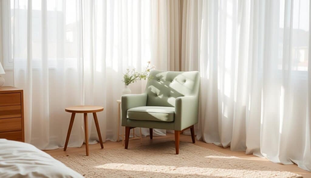 A cozy nook in a serene bedroom, bathed in soft, natural lighting filtering through gauzy curtains. A mid-century modern armchair upholstered in muted sage green nestled beside a small side table, adorned with a single potted succulent and a minimalist ceramic vase holding freshly-picked flowers. Underfoot, a plush, neutral-toned area rug grounds the space, complementing the warm wood tones of the side table and the clean, Scandinavian-inspired lines of the furniture. The overall atmosphere is one of tranquility, inviting the viewer to pause, reflect, and find a moment of mindful respite.