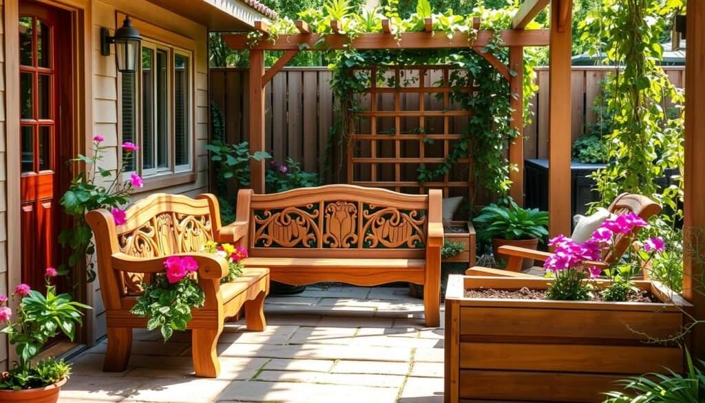 A cozy outdoor patio, filled with natural sunlight and surrounded by lush greenery. In the center, a handcrafted wooden project stands as the focal point - a rustic bench adorned with intricate carving patterns, its warm tones complementing the earthy tones of the space. Nearby, a wooden planter box overflows with vibrant flowers, adding a pop of color. In the background, a wooden garden trellis supports cascading vines, creating a sense of depth and texture. The overall scene exudes a sense of relaxation and a harmonious blending of nature and handcrafted elements.
