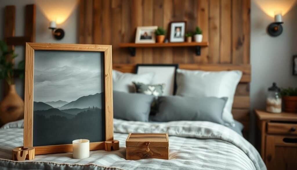 A cozy, rustic bedroom filled with handcrafted wooden décor. In the foreground, a simple yet elegant DIY wood frame holds a moody landscape painting. On the bedside table, a wooden candle holder and a small decorative box made from reclaimed wood. In the middle ground, a minimalist wooden shelf displays various personal trinkets and potted plants. The background features a weathered wooden headboard, complemented by soft lighting from wall-mounted sconces. Overall, the scene exudes a warm, inviting atmosphere, perfect for creating a personalized, homey ambiance.