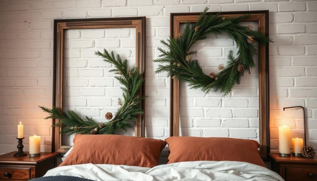 A cozy, rustic bedroom setting showcasing seasonal decorations artfully arranged on antique wooden frames. The frames, weathered and worn, lean casually against a whitewashed brick wall, casting soft shadows in the gentle lighting. Garlands of evergreen boughs, pinecones, and dried flowers adorn the frames, adding pops of natural color and texture. Warm candlelight flickers, creating a inviting, hygge-inspired ambiance. The scene evokes a sense of timeless charm and rustic elegance, perfectly complementing the bedroom's tranquil atmosphere.