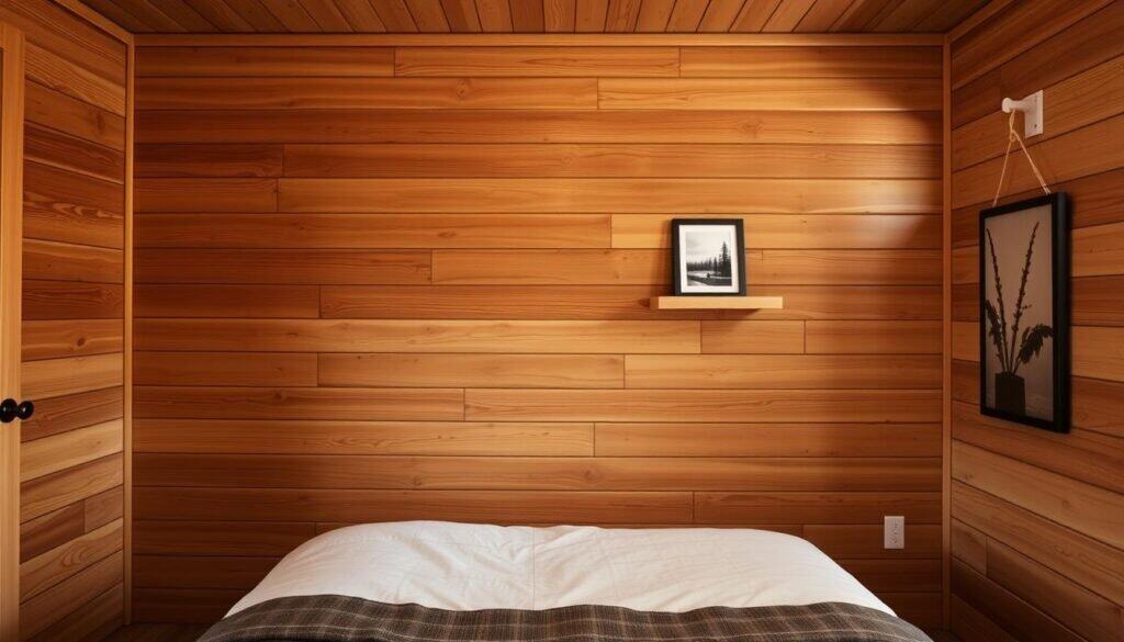 A cozy, rustic bedroom wall with warm wood paneling in a natural, weathered finish. The paneling extends from the floor up to the ceiling, creating a seamless, enveloping ambiance. Soft, ambient lighting casts a gentle glow, highlighting the wood's subtle textures and knots. A few carefully curated wall-mounted decor pieces, such as a simple floating shelf or a framed nature print, add a touch of personal style without distracting from the main focus - the beautiful, natural wood. The overall impression is one of coziness, comfort, and a connection to the outdoors, perfect for a tranquil, relaxing retreat.