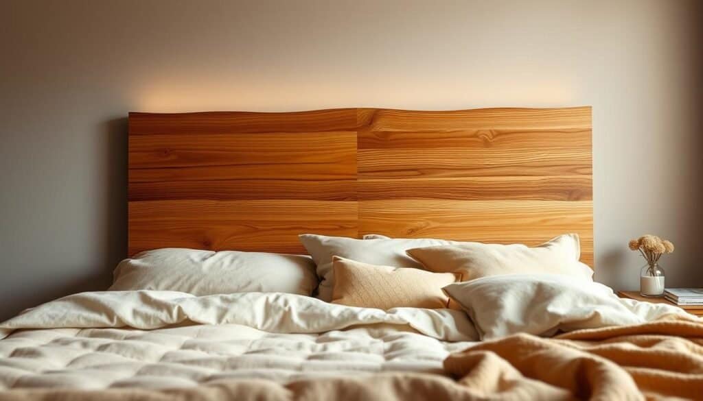 A cozy, rustic bedroom with a warm, wooden headboard as the focal point. The headboard is made of smooth, natural-grained wood, its texture and grain patterns adding depth and character to the space. Soft, ambient lighting casts a gentle glow, creating a serene and inviting atmosphere. The headboard is positioned against a neutral, muted wall, allowing it to stand out and become the centerpiece of the room. Plush bedding and textiles in complementary tones of beige, cream, and earthy hues add to the overall sense of comfort and coziness. The scene captures the essence of a cozy, DIY-inspired bedroom that exudes warmth and charm.