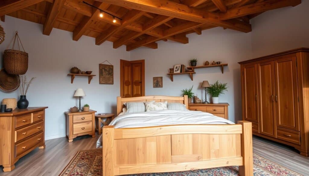 A cozy rustic bedroom with warm-toned wood furnishings and décor. A solid wood bed frame with a natural wood grain, topped with soft neutral bedding. Complementing wooden nightstands, a dresser, and armoire. Overhead, exposed wooden beams cast a gentle glow from recessed lighting. Decorative elements like woven baskets, potted plants, and wall-mounted shelves add organic touches. The space feels inviting and reflective of the owner's personal style.