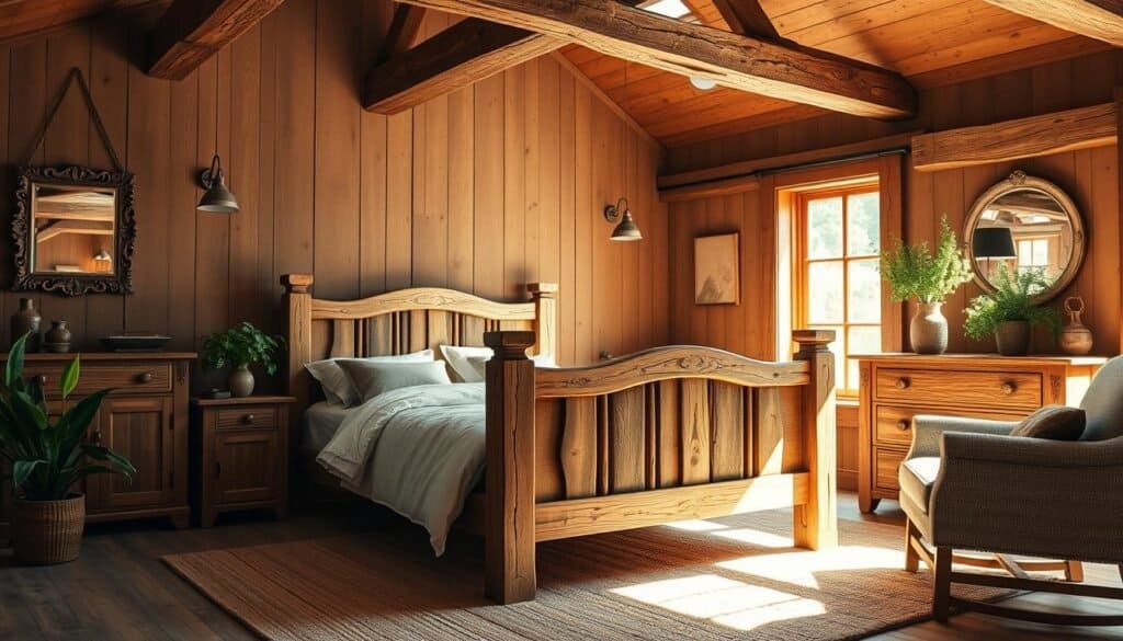 A cozy, rustic farmhouse bedroom with a warm, inviting ambiance. The room is flooded with natural light, casting a soft, golden glow on the weathered wood furnishings. A sturdy, handcrafted wooden bed frame takes center stage, complemented by a matching nightstand and dresser. Intricate wood carvings and exposed beams add depth and character to the space. A plush, earthy-toned area rug and soft linen bedding create a comforting, down-to-earth feel. Verdant potted plants and a vintage wall mirror bring a touch of nature indoors, while a cozy armchair in the corner invites relaxation. The overall atmosphere is one of rustic elegance and tranquil simplicity.