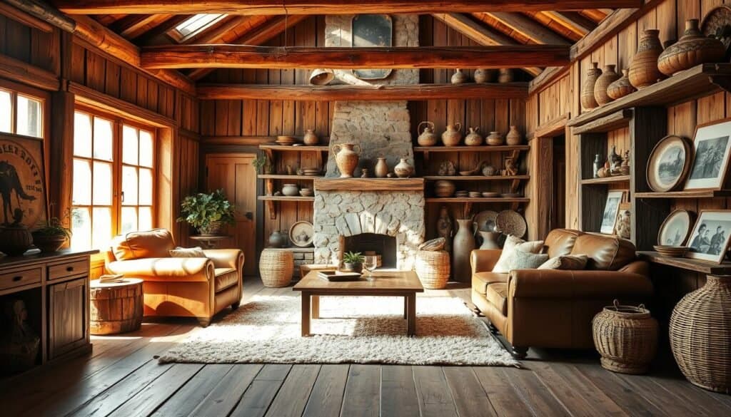 A cozy rustic interior with natural textures and warm lighting. Sunlight streams through large windows, casting a soft glow on the worn wooden floors and exposed beams. A plush area rug anchors a seating arrangement of overstuffed leather armchairs and a vintage coffee table. Weathered wooden shelves display an eclectic mix of decorative elements - hand-thrown pottery, woven baskets, and faded vintage photographs. The scene evokes a sense of timeless comfort and simplicity, inviting the viewer to sink into the relaxed, inviting atmosphere.