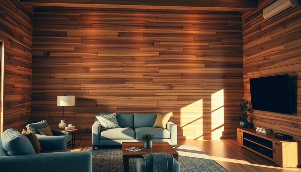 A cozy, rustic living room with warm, natural wood accent walls showcasing the beautiful grain and texture of the wood. The walls are illuminated by soft, diffused lighting, creating a calming, inviting atmosphere. The wood panels stretch from floor to ceiling, adding depth and visual interest to the space. Subtle shadows and highlights accentuate the wood's unique patterns, making each plank appear individually crafted. The room is filled with a sense of tranquility and sophistication, perfectly complementing the article's theme of transforming a living space with the timeless beauty of wood accents.