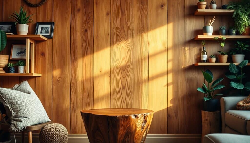 A cozy, rustic living space with a focus on natural wood decor. In the foreground, a handcrafted wooden side table with intricate carved details. In the middle ground, a beautifully grained wooden wall panel acts as the backdrop, casting warm, soft lighting across the scene. The background features a mix of wooden shelves displaying an array of personalized trinkets and plant life, creating a harmonious, inviting atmosphere. The overall composition emphasizes the beauty and versatility of DIY wood projects, conveying a sense of tranquility and personalized comfort.