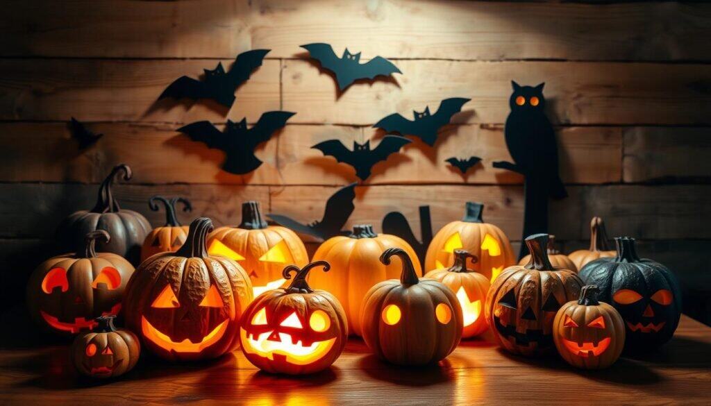 A cozy, rustic scene of handcrafted wooden Halloween decorations arranged on a wooden table. In the foreground, a collection of whimsical pumpkins and gourds carved with intricate jack-o'-lantern faces, their warm glow illuminating the scene. In the middle ground, a set of "The Sawdust Man" wooden bats, owls, and other spooky silhouettes cast long shadows. In the background, a weathered, reclaimed wood wall provides an earthy, autumn-inspired backdrop. The lighting is soft and inviting, creating a comforting, homemade atmosphere perfect for celebrating the Halloween season.