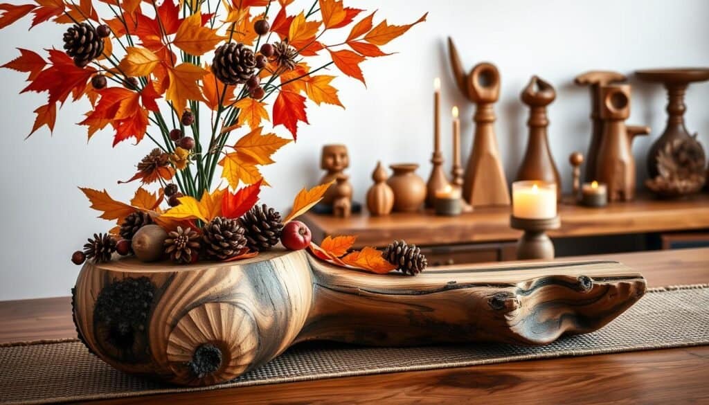 A cozy rustic scene of seasonal wood decor, capturing the natural beauty of the changing year. In the foreground, a handcrafted wooden centerpiece adorned with vibrant autumn leaves, pine cones, and dried berries, casting a warm glow under soft, even lighting. In the middle ground, an assortment of carved wooden figurines, vases, and candleholders arranged on a sturdy oak table, complemented by a textured woven runner. The background features a minimalist white wall, allowing the organic textures and earthy tones of the wood decor to take center stage, creating a serene and inviting atmosphere.